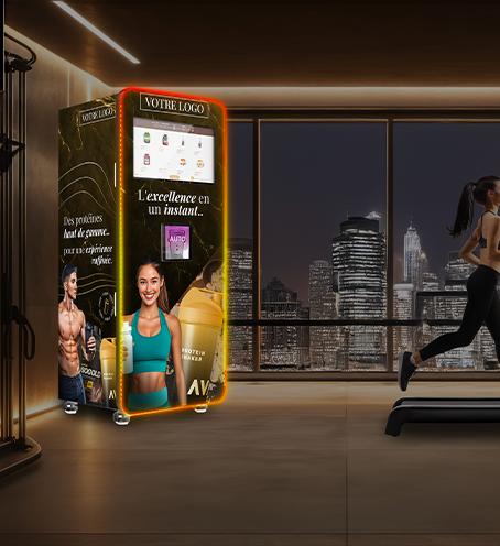 Distributrice de shakes protéinés, design premium pour gym ou hôtel, vue face avant