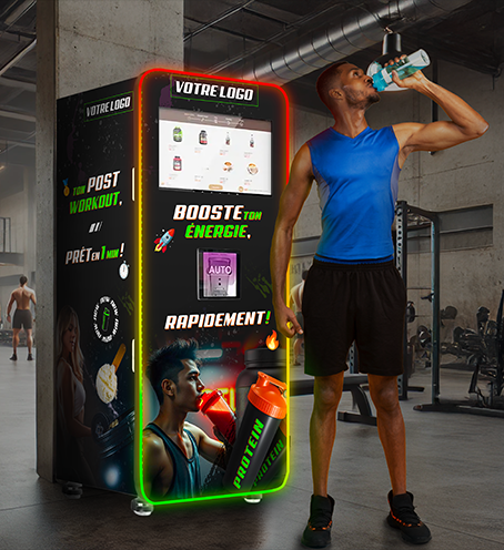 Machine distributrice de shakes protéinés, design style gym standard, vue face avant